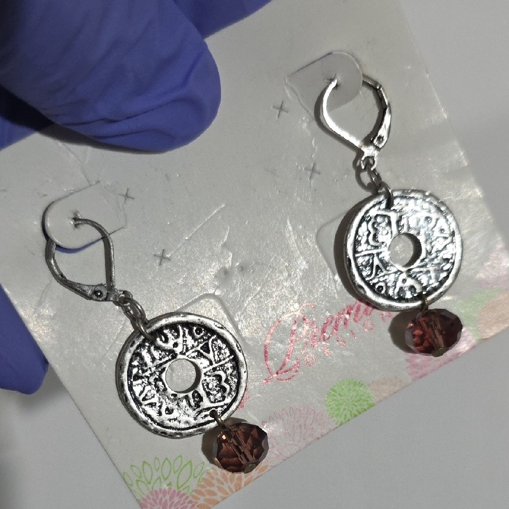 Silver Tribal Earrings with Brown Faceted Crystal Drops – Boho Statement Jewelry - Picture 8 of 9